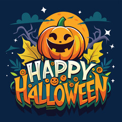Happy Halloween Text with Smiling Pumpkin Moon, Yellow Leaves, Stars on Dark Background