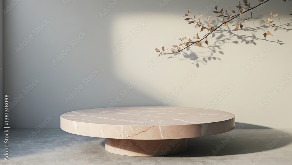 Poster round marble table top with tree leaves shadow cast on white wall backdrop for product display mocku