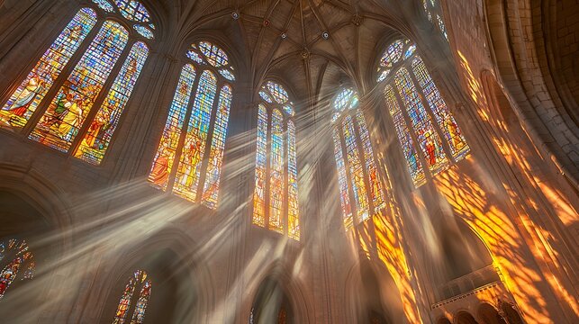 Sunlight streams through stained glass windows in a cathedral