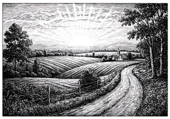 Fototapeta premium Landscape drawing of country road leading to church at sunrise view