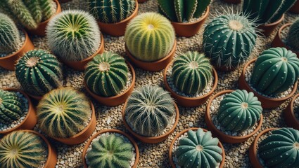 Fototapeta premium Cactus astrophytum asterias in containers illuminated by sunlight flare.