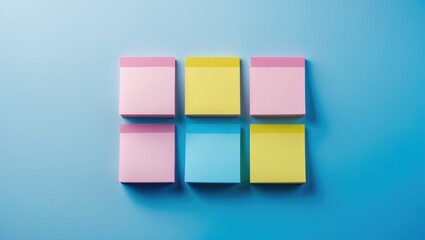 Obraz premium Row of square empty paper stickers on blue backdrop. Copy space. Overhead view.