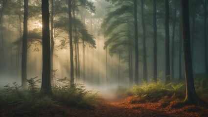 Fototapeta premium Panoramic perspective of the stunning evergreen forest shrouded in mist. Powerful pine tree silhouettes. Ethereal dreamlike scenery. Sun rays, enchanting golden light. Nature, fantasy, fairytale.