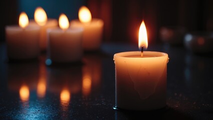 Burning candles. The candles glow against a dark backdrop, with flames flickering when the wind blows. Suitable background for advertising and design projects.