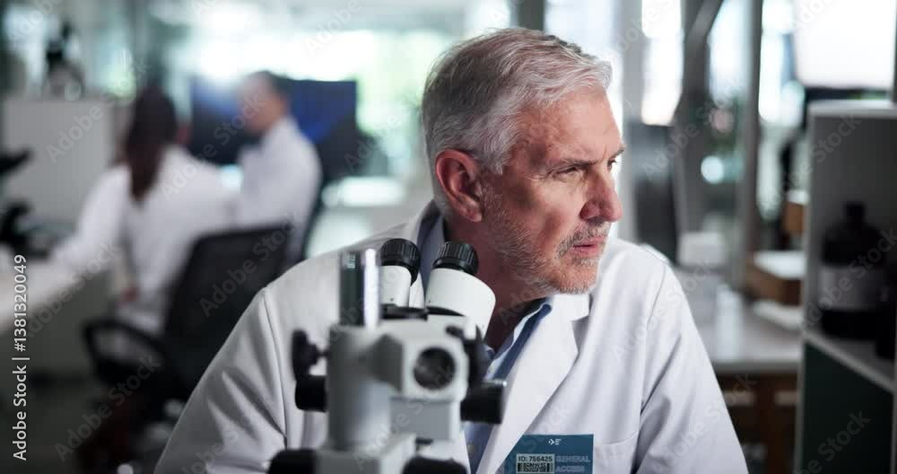 Poster microscope, man and scientist thinking of research, development and experiment. medical, science and