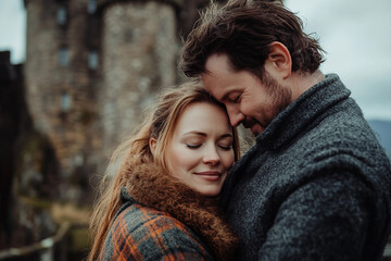 Naklejka premium Portrait of a Scottish people and beautiful landscape generated with AI