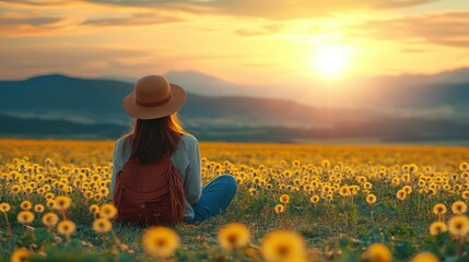 Woman sits meditating in sunflower field at sunset