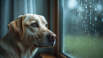 Sad dog waiting alone at home. Labrador retriever gazing through the window during rainfall.