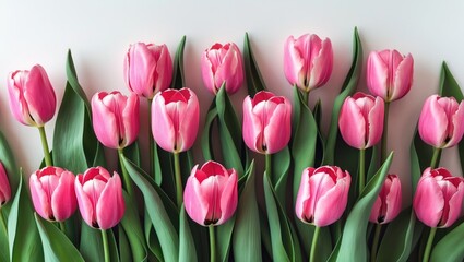 Fototapeta premium Row of pink tulip flowers set against a white background.