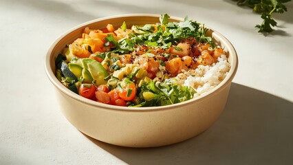 Healthy Rice Bowl with Fresh Vegetables and Seasoned Protein