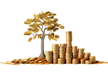 A golden tree with stacks of coins representing growth and wealth on a scene view on transparent background png