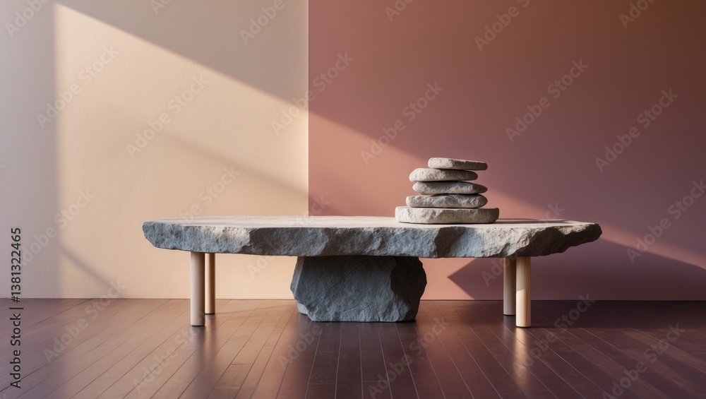 Poster rock podium product display on a beautiful floor with a colorful backdrop.