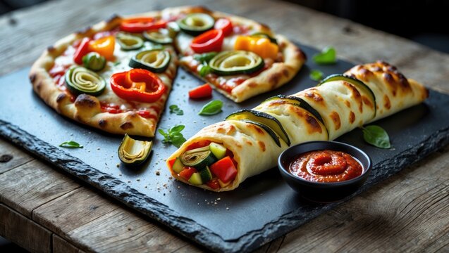 Delicious pizza topped with cheese and vegetables including peppers, tomatoes, artichokes, and zucchini, baked in a wood-fired oven, presented closely on a slate board on the table. Horizontal