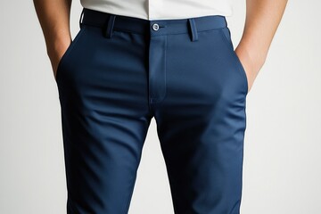 Wearing Stylish Navy Blue Trousers with Hands in Pockets on White Background