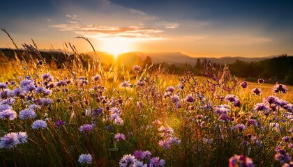 Obraz premium wildflowers bloom in meadow blurred golden sunset behind ideal springtime image symbolizing growth