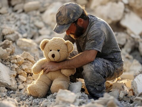 Searcher in quake rubble, teddy discovery, dawns light, emotional scene