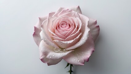 Fresh light pink rose flowers with sweet petal patterns and water drops on a white background from above.