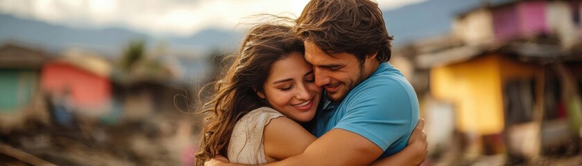 Obraz premium Tight embrace amidst quake destruction, vibrant hope colors