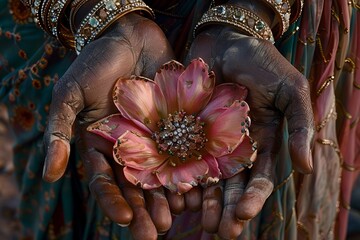 Capturing the Contrast: Detailed shot of adorned hands cradling a fragile blossom, highlighting the juxtaposition of hard gemstones and delicate blooms.