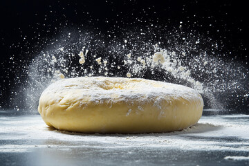 Delicate Pizza Dough Being Expertly Tossed in a Kitchen, Showcasing a Dynamic Cooking Process With Flour Flying Around