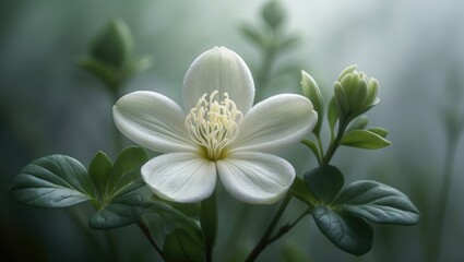 Obraz premium Bright white flower blooms alongside vibrant green leaves, highlighting nature's beauty.