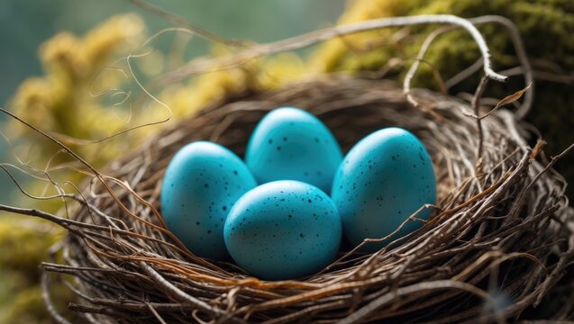 Robin's Eggs in Nest Four blue bird eggs resting inside a bird's nest.