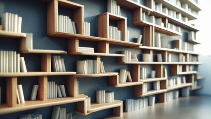 Wooden bookshelf on gray wall. Books sit on many levels. Shelf design is asymmetrical with white books.