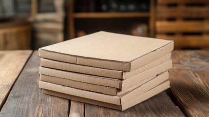 a stack of plain pizza boxes awaits delivery on a rustic wooden table, showcasing a simple and efficient pizza packaging solution