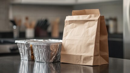A takeout paper bag and disposable food containers are placed on a kitchen counter, showcasing a convenient meal option for busy lifestyles