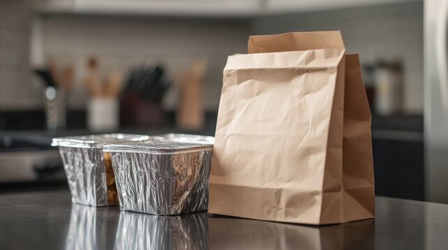 A takeout paper bag and disposable food containers are placed on a kitchen counter, showcasing a convenient meal option for busy lifestyles