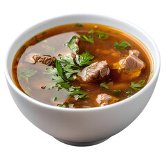 Mutton soup with herbs in a white bowl, isolated on a transparent background.