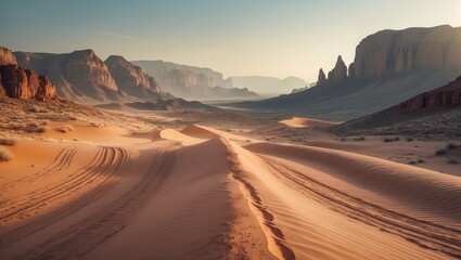 Naklejka premium Safari and travel, extreme adventures or scientific expedition in a rocky desert. At dawn, mountainous scenery with dust on the horizon, hills and marks from the off-road vehicle.