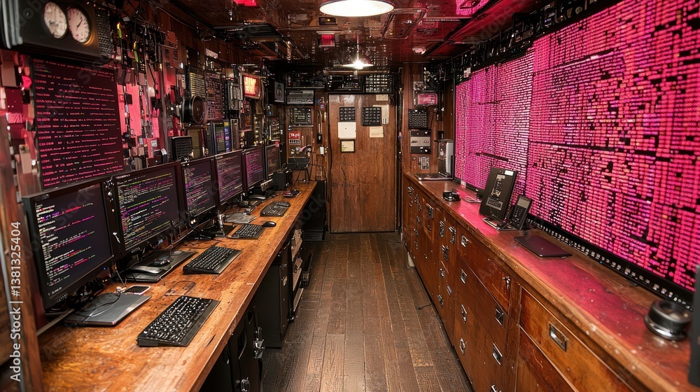 Poster high-tech retro hacker's lair: a vintage control room filled with code