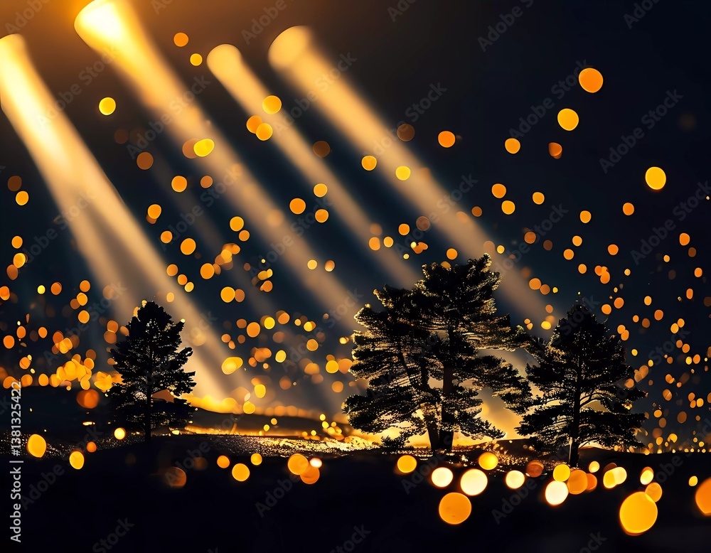 Poster vibrant rays of light break through the dark canopy of trees, casting a mystical glow over a sparkli