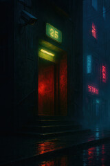 Gloomy red-lit doorway with surveillance camera in rainy neon alleyway.