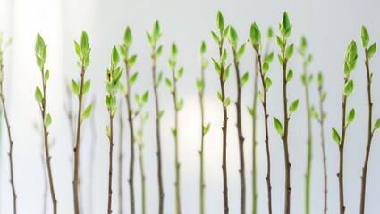 Obraz premium Branches of trees on a white background, featuring young leaves. Isolated green tree branches flowering in early spring against a white backdrop.