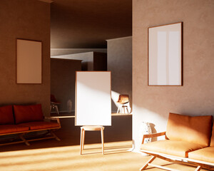 Modern Interior Space With Relaxed Furniture and Minimalist Design and White Blank Frames