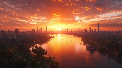 Fototapeta premium Fiery Sunset over Hanoi Skyline