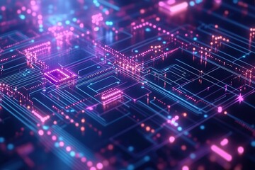 Fototapeta premium High - tech circuit board scene filled with pink - purple light, showcasing complex circuitry and nodes.