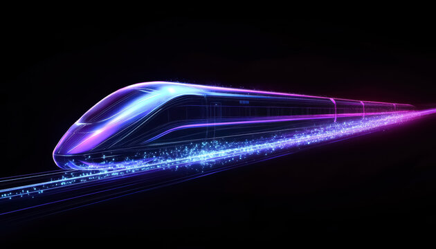 Futuristic high-speed train in motion, blue and purple neon illustration with light trails. Concept of future logistics, modern technology and transportation. 