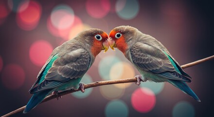 Loving birds sharing a kiss on a colorful bokeh background  