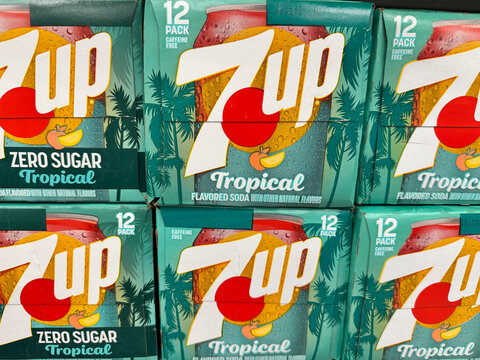 Plymouth, Minnesota - April 3, 2025: Display of 7-up Tropical soda pop 12-pack cases