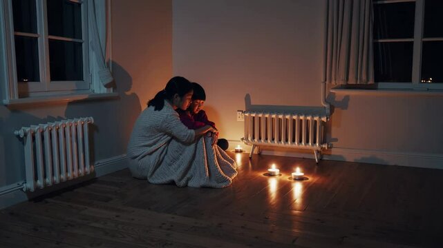 Mother and child huddling for warmth in candlelit room