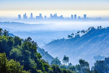 Fototapeta premium A thick blanket of smog and haze from a nearby wildfire hides the view of downtown Los Angeles buildings, taken from a hilltop in Griffith Park, Southern California