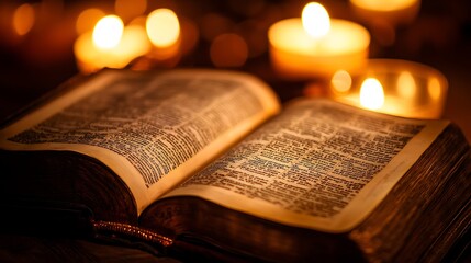 Open antique book illuminated by candles