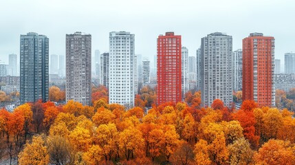 Obraz premium Autumnal Cityscape: Vibrant Fall Foliage Against Modern High-Rise Buildings