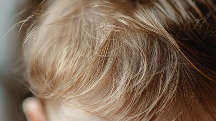 Soft, wispy strands of light brown hair capture the gentle morning light, creating a beautiful glow around the tiny head. The warmth of the moment evokes tenderness and innocence