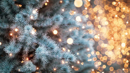 Close-Up of Illuminated Christmas Tree with Warm Golden Bokeh Lights