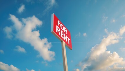 Left Facing Real Estate Sign for Rent Against a Blue Sky and Clouds with Space for Your Text.