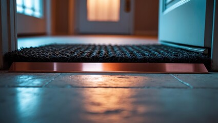 Rose gold door hardware and bottom clamp positioned at the edge of a glass door.